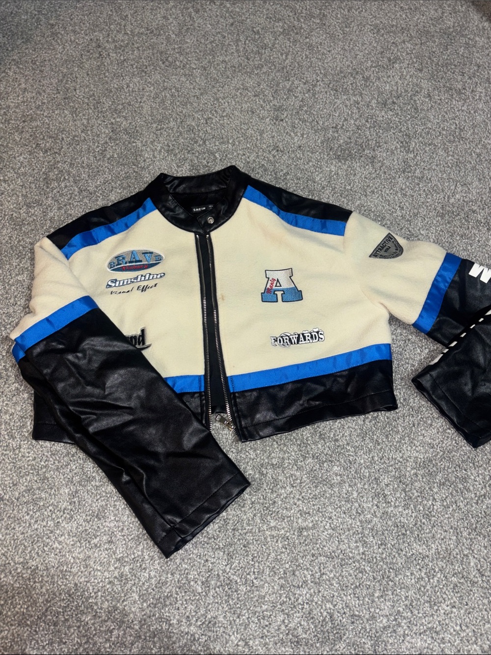 Ladies Black and Cream cropped Patchwork Racing Jacket with Blue Trim